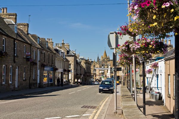 Tain High Street with hanging baskets